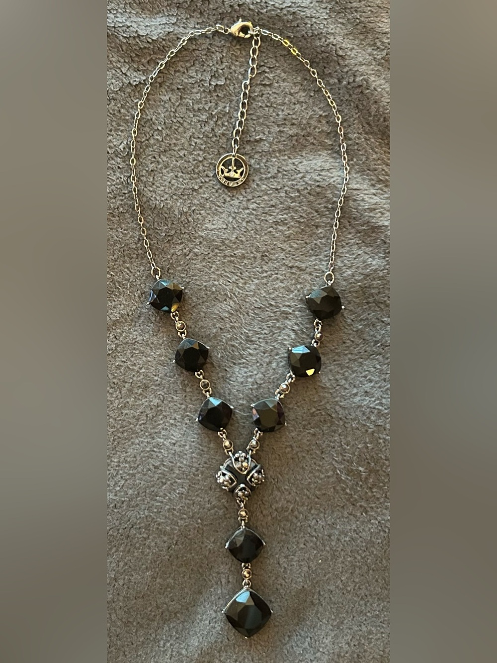 Crown Trifari Black rhinestone Y-drop necklace